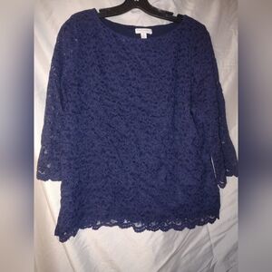 Lace Overlay Women's Blouse - Navy Blue